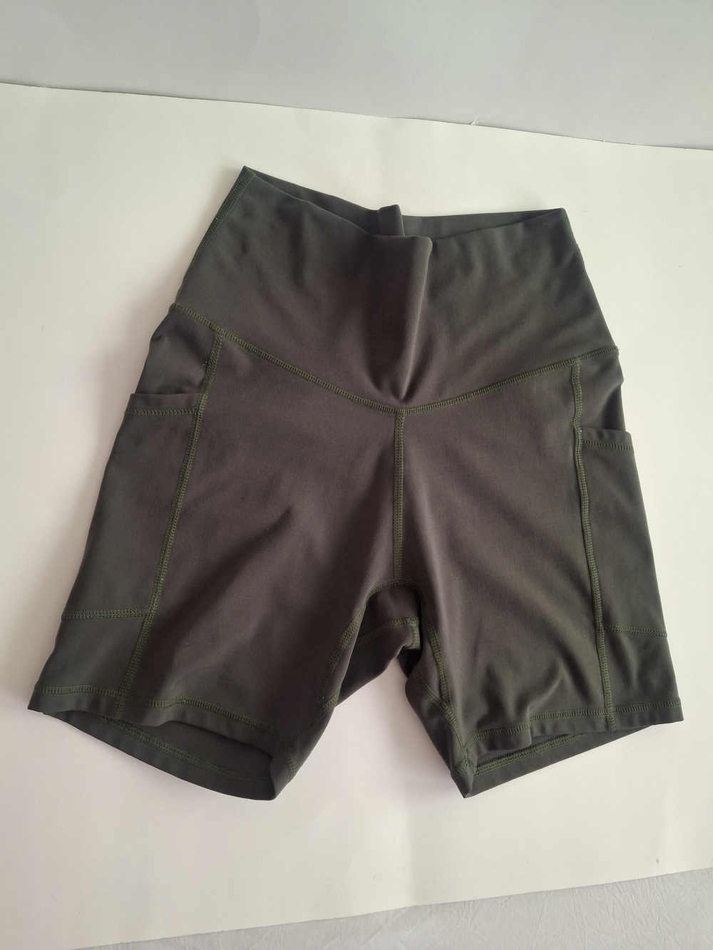 High-Rise Olive Green Women's Bike Shorts with Side Pockets